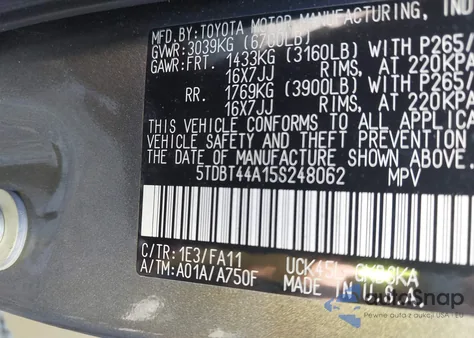 2005 Toyota Sequoia Sr5 V8 from USA, damaged, VIN 5TDBT44A15S248062